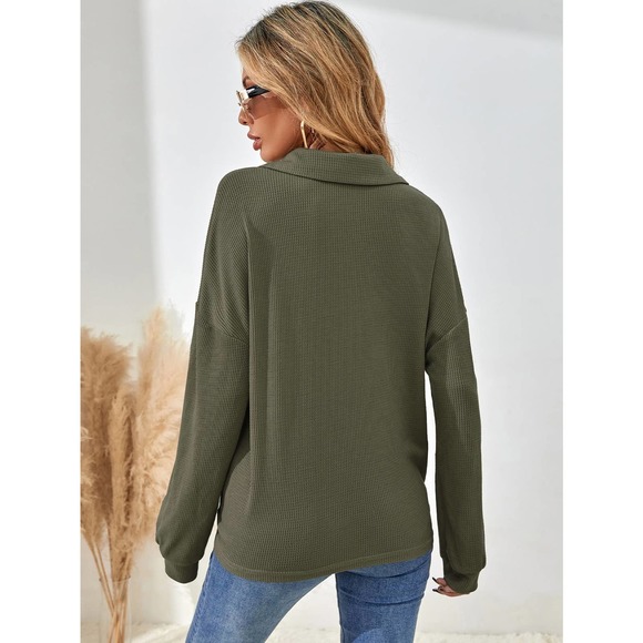 🌟 fold down collared Half Button henley long sleeve soft knit tee fall tan - Picture 8 of 8